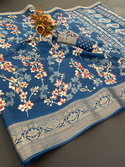 A beautiful dola silk saree with flowers print and weaving border saree