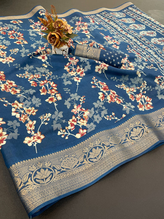 A beautiful dola silk saree with flowers print and weaving border saree