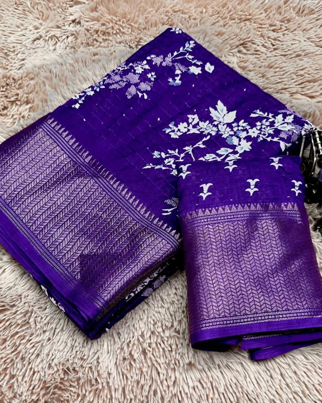 Beautiful dola silk sarees with all over floral design along with contrast weaving border
