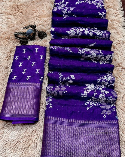 Beautiful dola silk sarees with all over floral design along with contrast weaving border