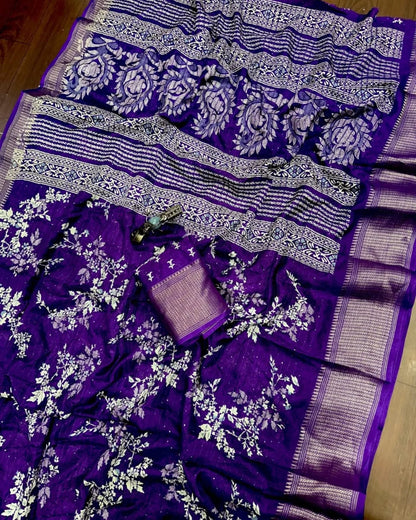 Beautiful dola silk sarees with all over floral design along with contrast weaving border