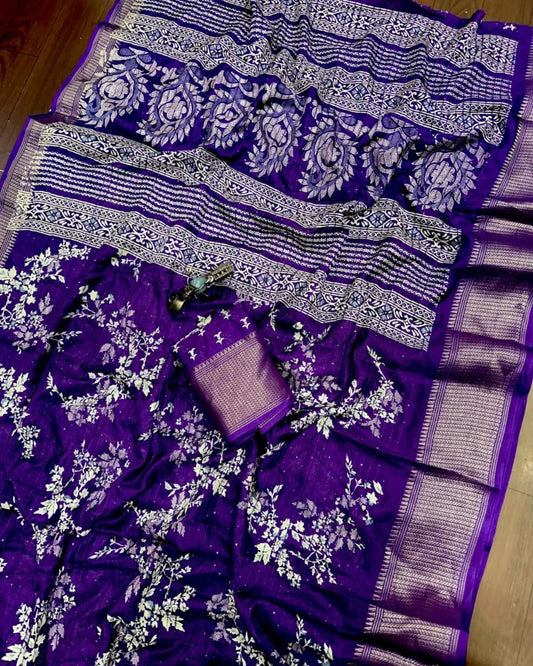 Beautiful dola silk sarees with all over floral design along with contrast weaving border