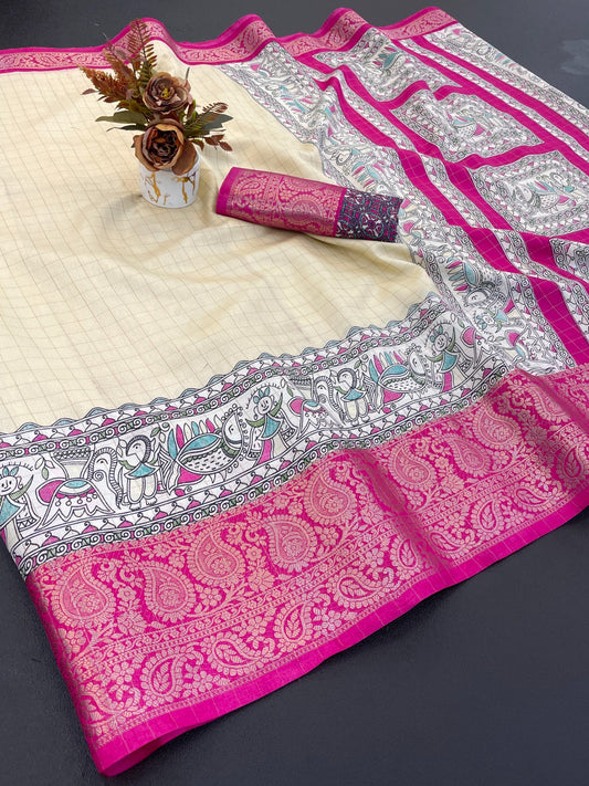 DOLA SILK CHECKES WARLI PRINT WITH JACQUARD BORDER