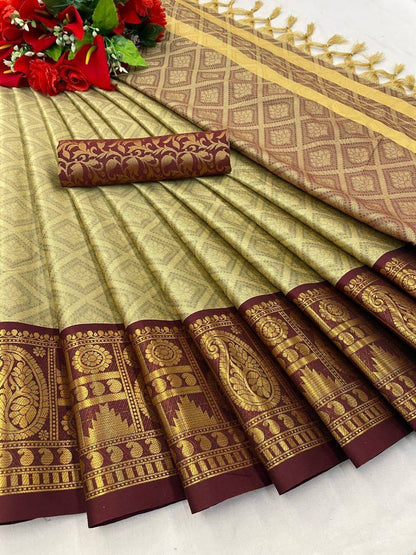 Woven Cotton Silk Saree With Tassels