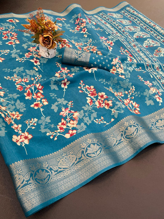A beautiful dola silk saree with flowers print and weaving border saree