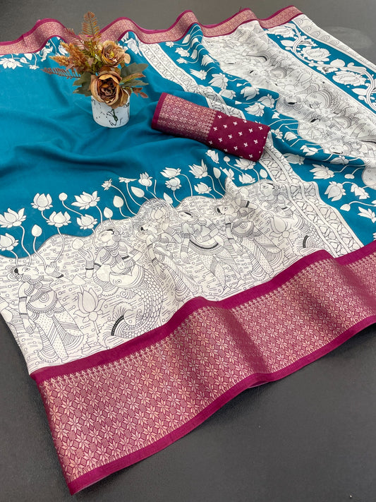 Royal Dola Silk Kalamkari Saree with Heavy Jacquard Border – Premium Ethnic Wear!