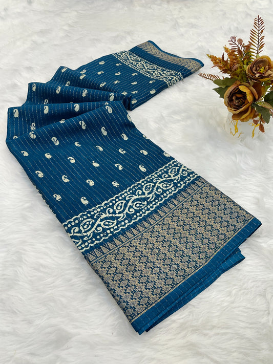 Dola Silk Jaquard Border Printed Saree With Blouse