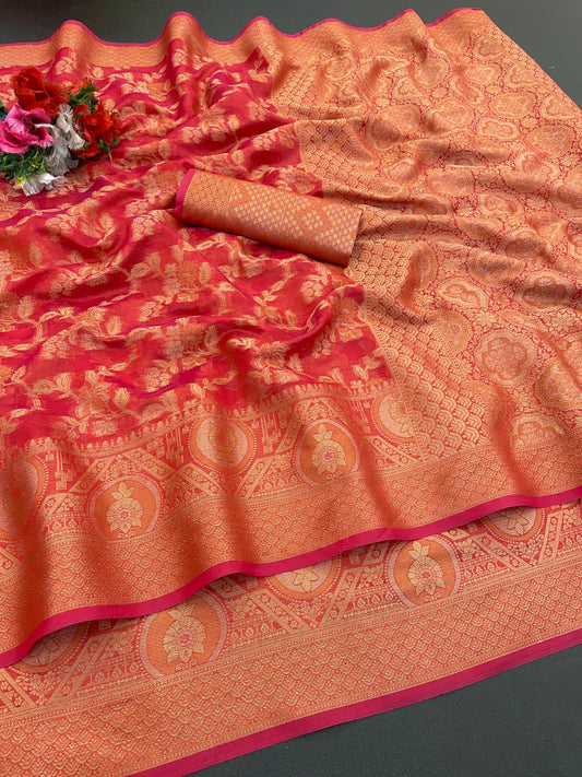 Organza banarasi kanjivaram look designer silk rich pallu saree