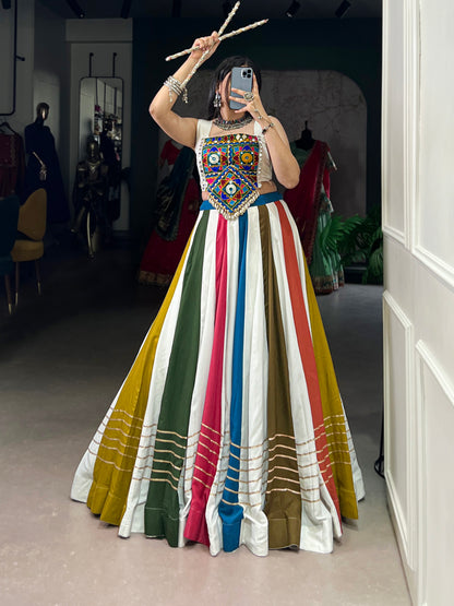 White Color Rayon Lehenga Choli - Pure Rayon Fabric, 41" Length, 8 Meter Flair, Drawstring Waist (Up To 42) | Gota Patti Lace & Mirror Gamthi Work