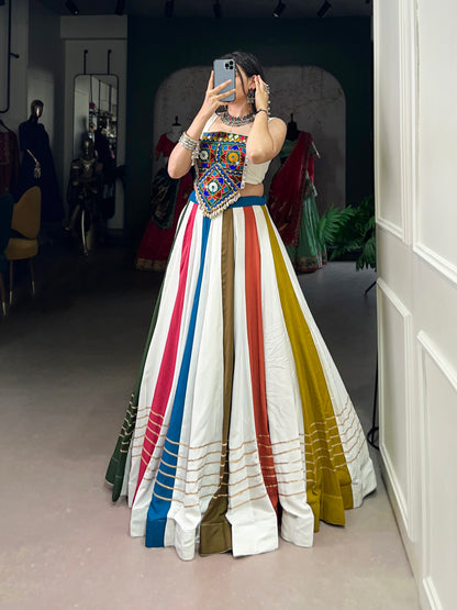 White Color Rayon Lehenga Choli - Pure Rayon Fabric, 41" Length, 8 Meter Flair, Drawstring Waist (Up To 42) | Gota Patti Lace & Mirror Gamthi Work