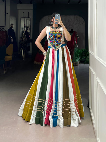 White Color Rayon Lehenga Choli - Pure Rayon Fabric, 41" Length, 8 Meter Flair, Drawstring Waist (Up To 42) | Gota Patti Lace & Mirror Gamthi Work