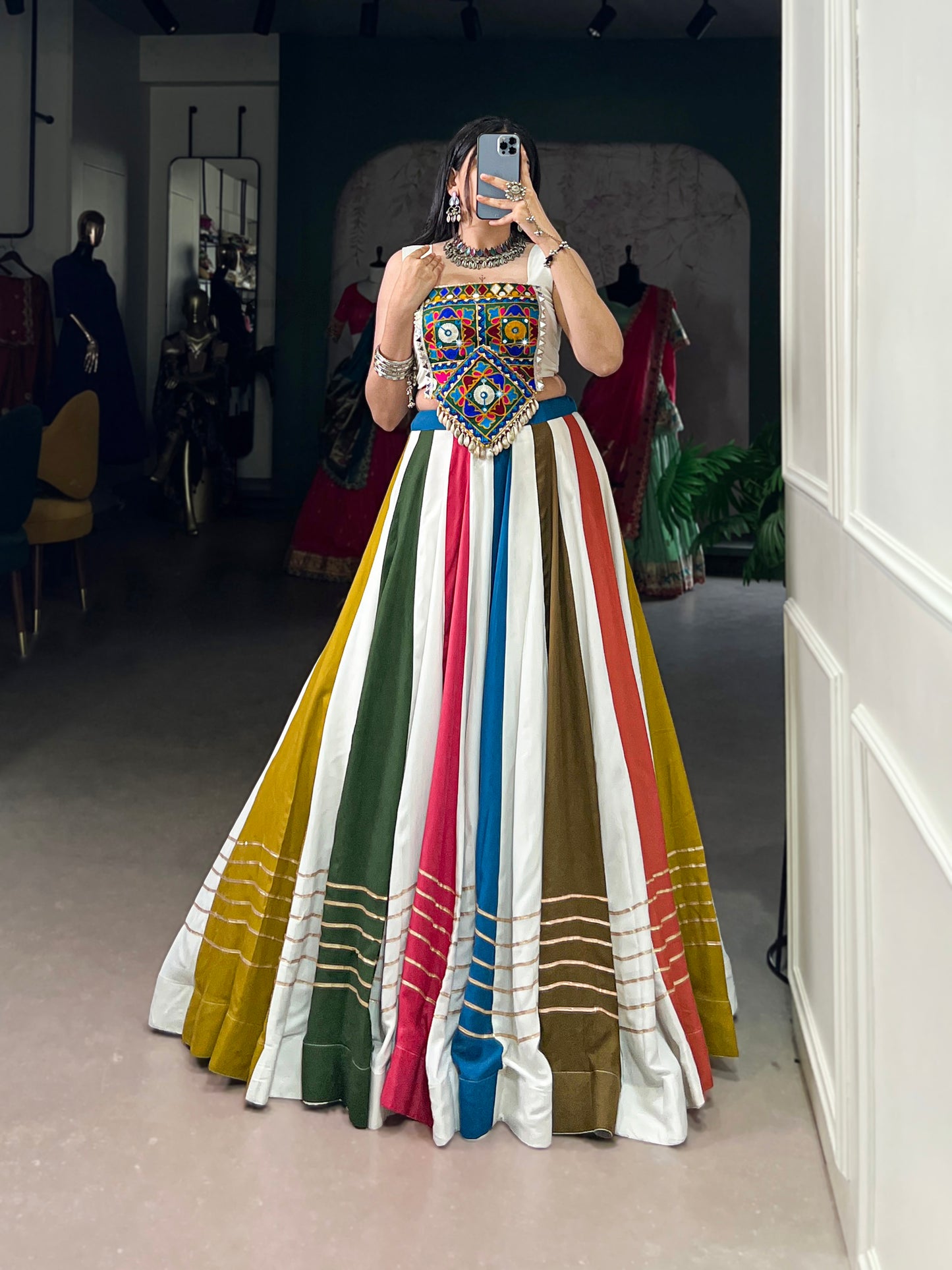 White Color Rayon Lehenga Choli - Pure Rayon Fabric, 41" Length, 8 Meter Flair, Drawstring Waist (Up To 42) | Gota Patti Lace & Mirror Gamthi Work