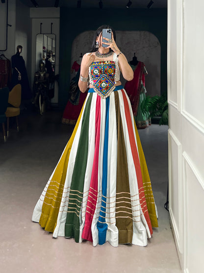 White Color Rayon Lehenga Choli - Pure Rayon Fabric, 41" Length, 8 Meter Flair, Drawstring Waist (Up To 42) | Gota Patti Lace & Mirror Gamthi Work