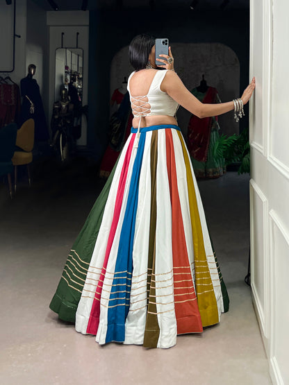 White Color Rayon Lehenga Choli - Pure Rayon Fabric, 41" Length, 8 Meter Flair, Drawstring Waist (Up To 42) | Gota Patti Lace & Mirror Gamthi Work