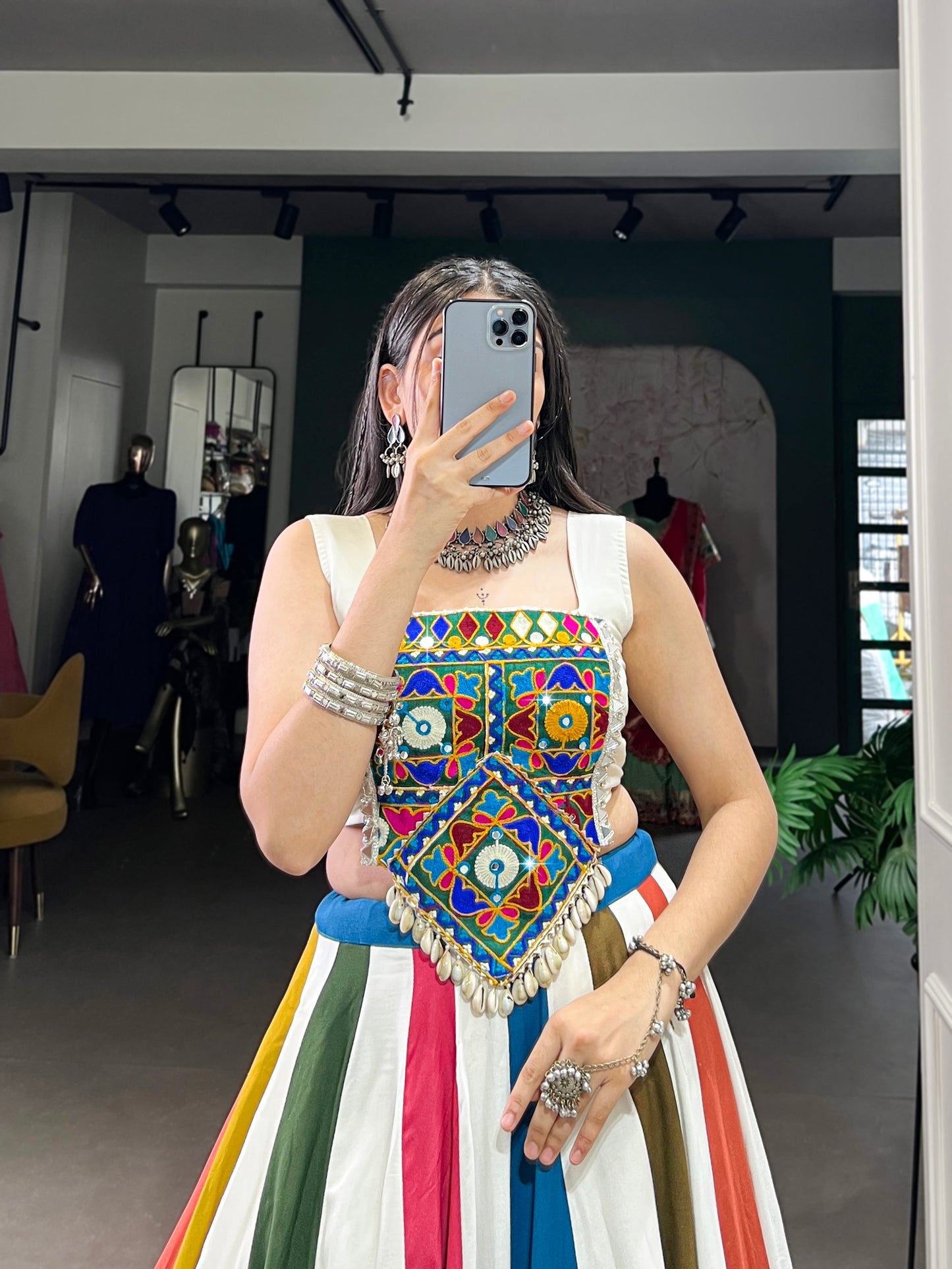 White Color Rayon Lehenga Choli - Pure Rayon Fabric, 41" Length, 8 Meter Flair, Drawstring Waist (Up To 42) | Gota Patti Lace & Mirror Gamthi Work