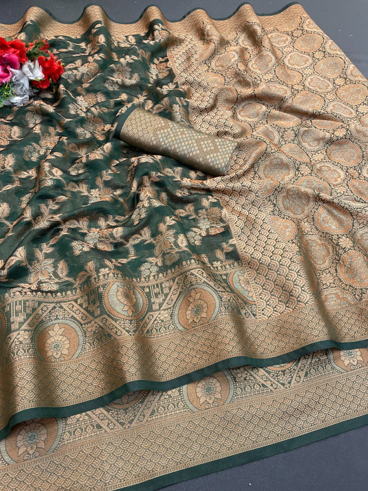 Organza banarasi kanjivaram look designer silk rich pallu saree