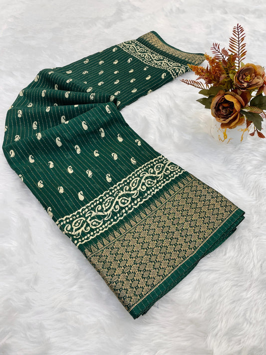 Dola Silk Jaquard Border Printed Saree With Blouse