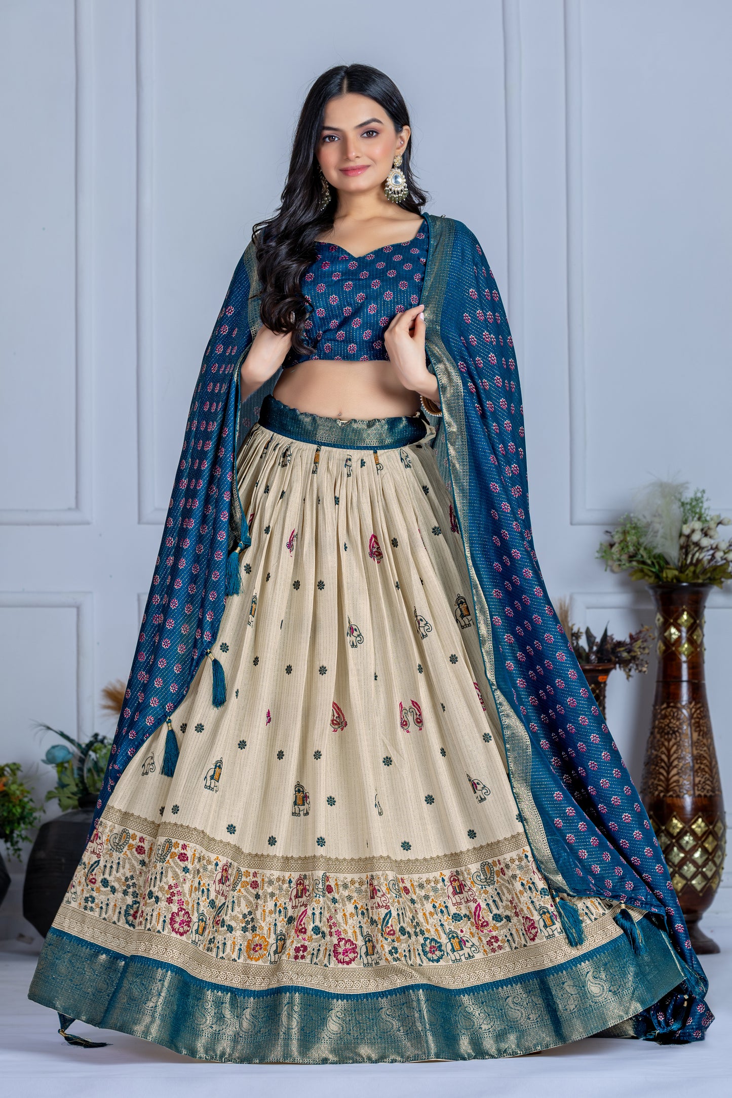Embroidered Jacquard Lehenga Set With Dupatta