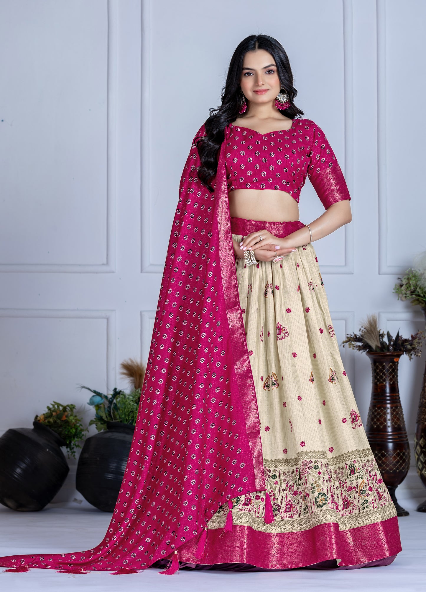 Embroidered Jacquard Lehenga Set With Dupatta