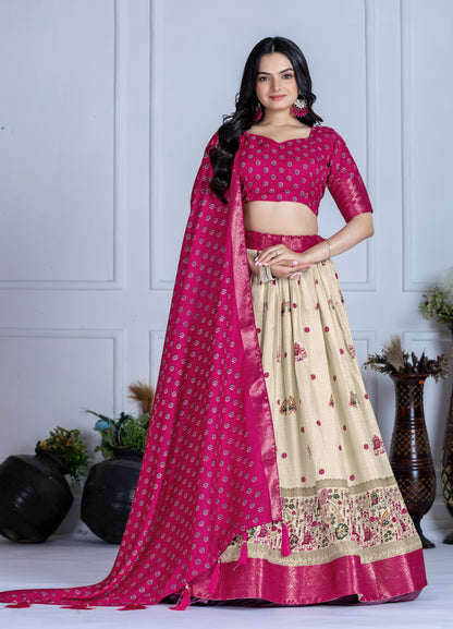Embroidered Jacquard Lehenga Set With Dupatta