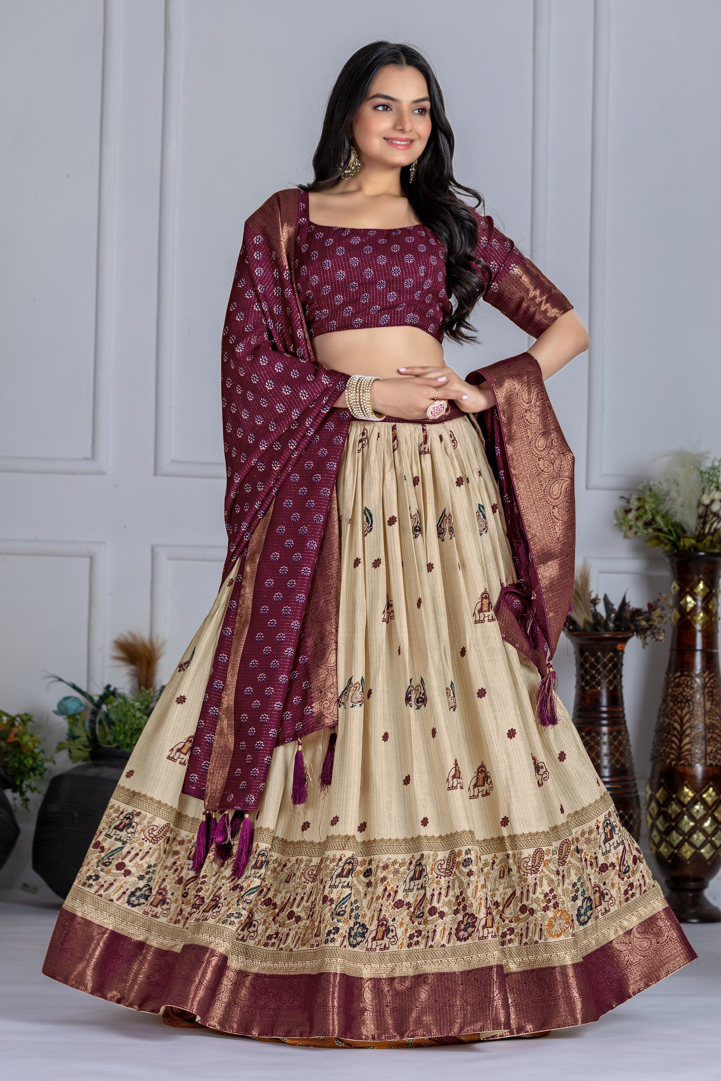 Embroidered Jacquard Lehenga Set With Dupatta
