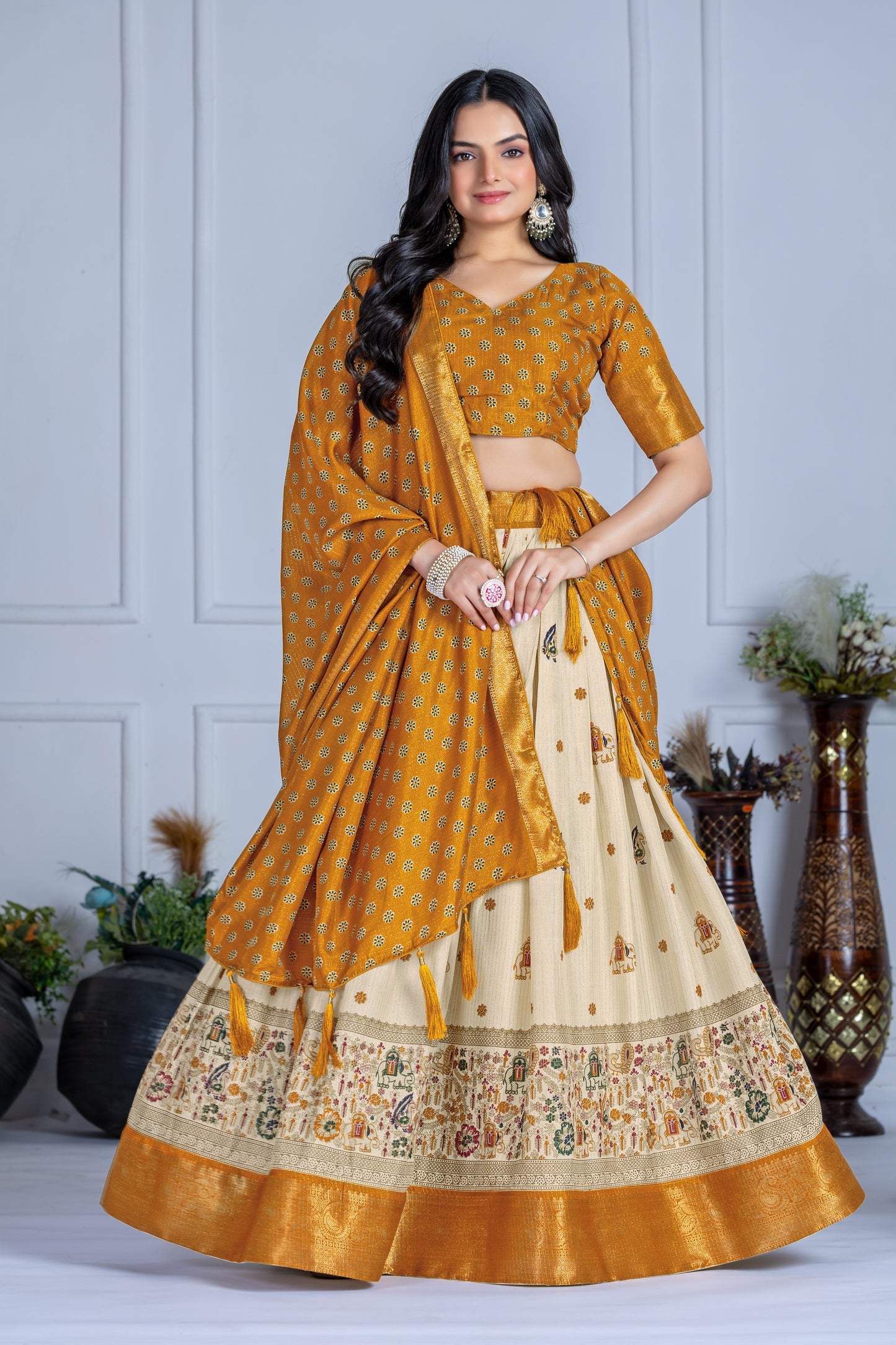 Embroidered Jacquard Lehenga Set With Dupatta