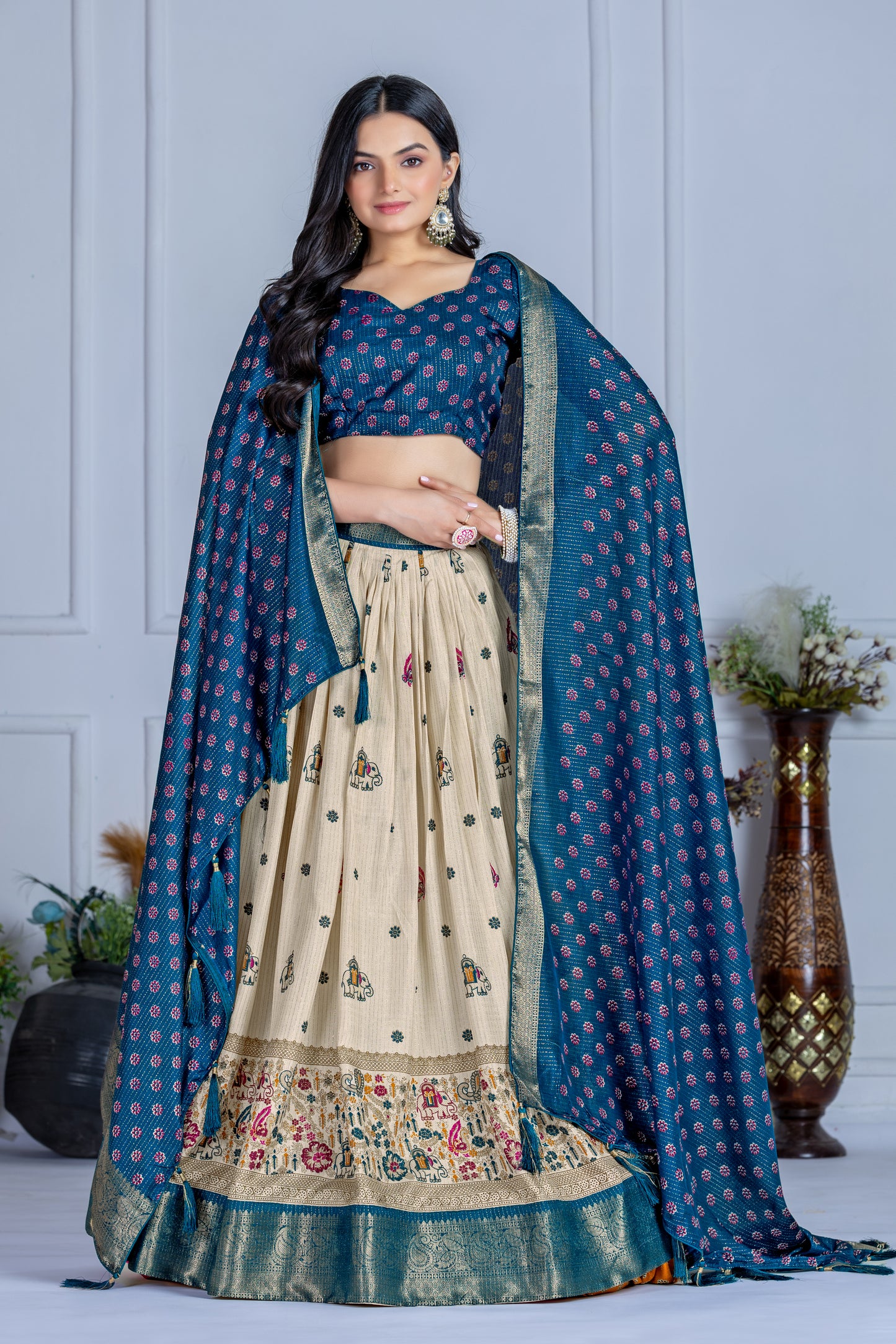 Embroidered Jacquard Lehenga Set With Dupatta