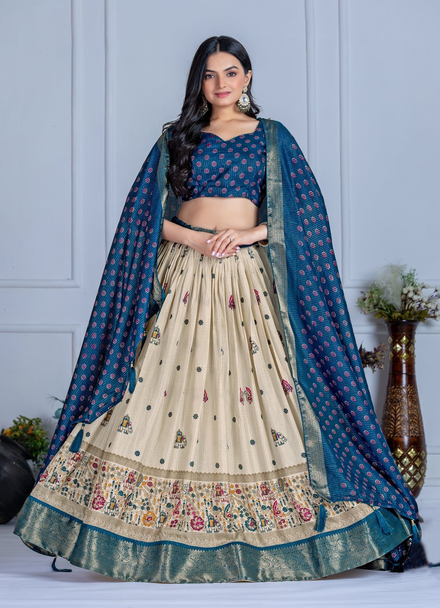 Embroidered Jacquard Lehenga Set With Dupatta