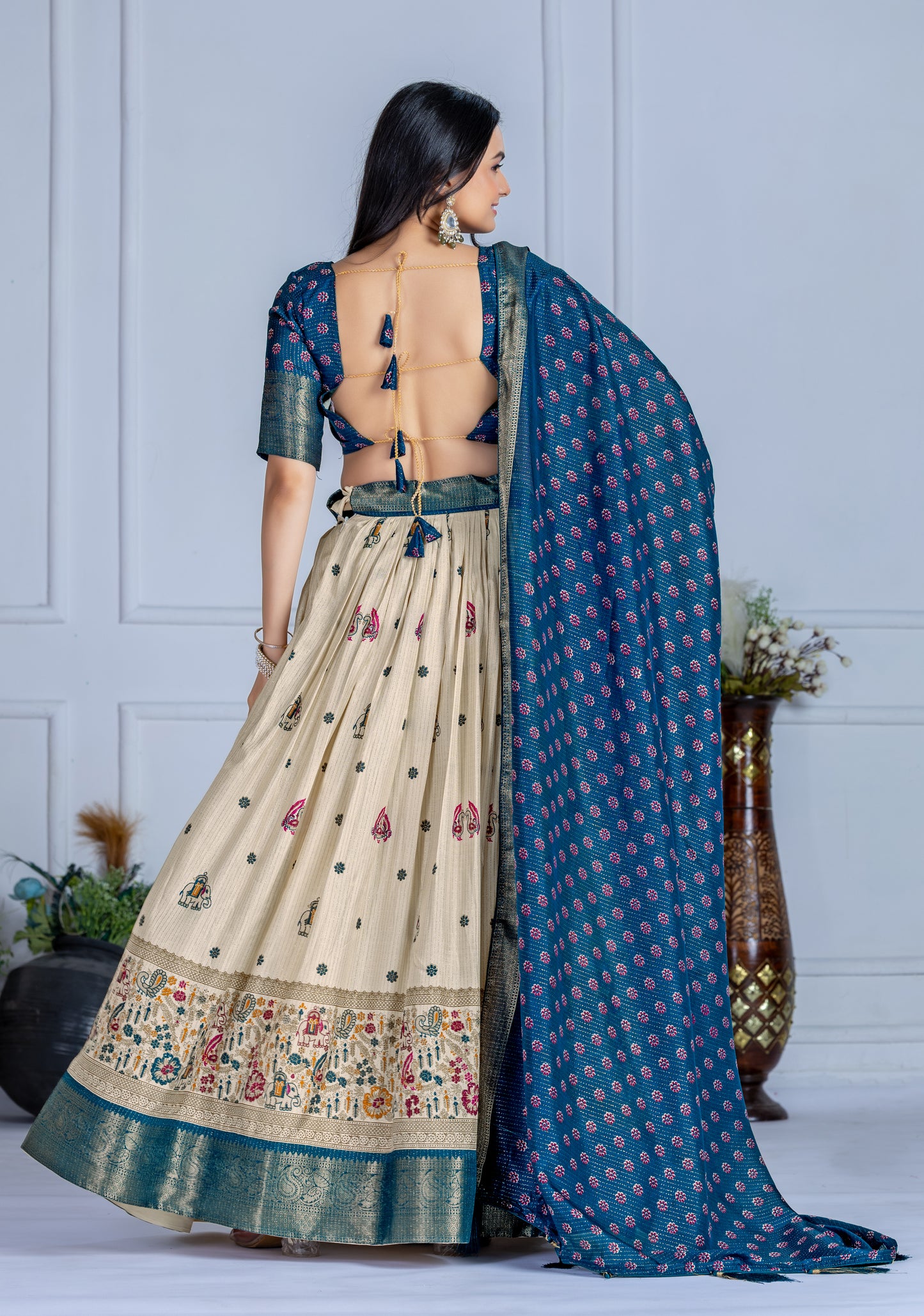 Embroidered Jacquard Lehenga Set With Dupatta