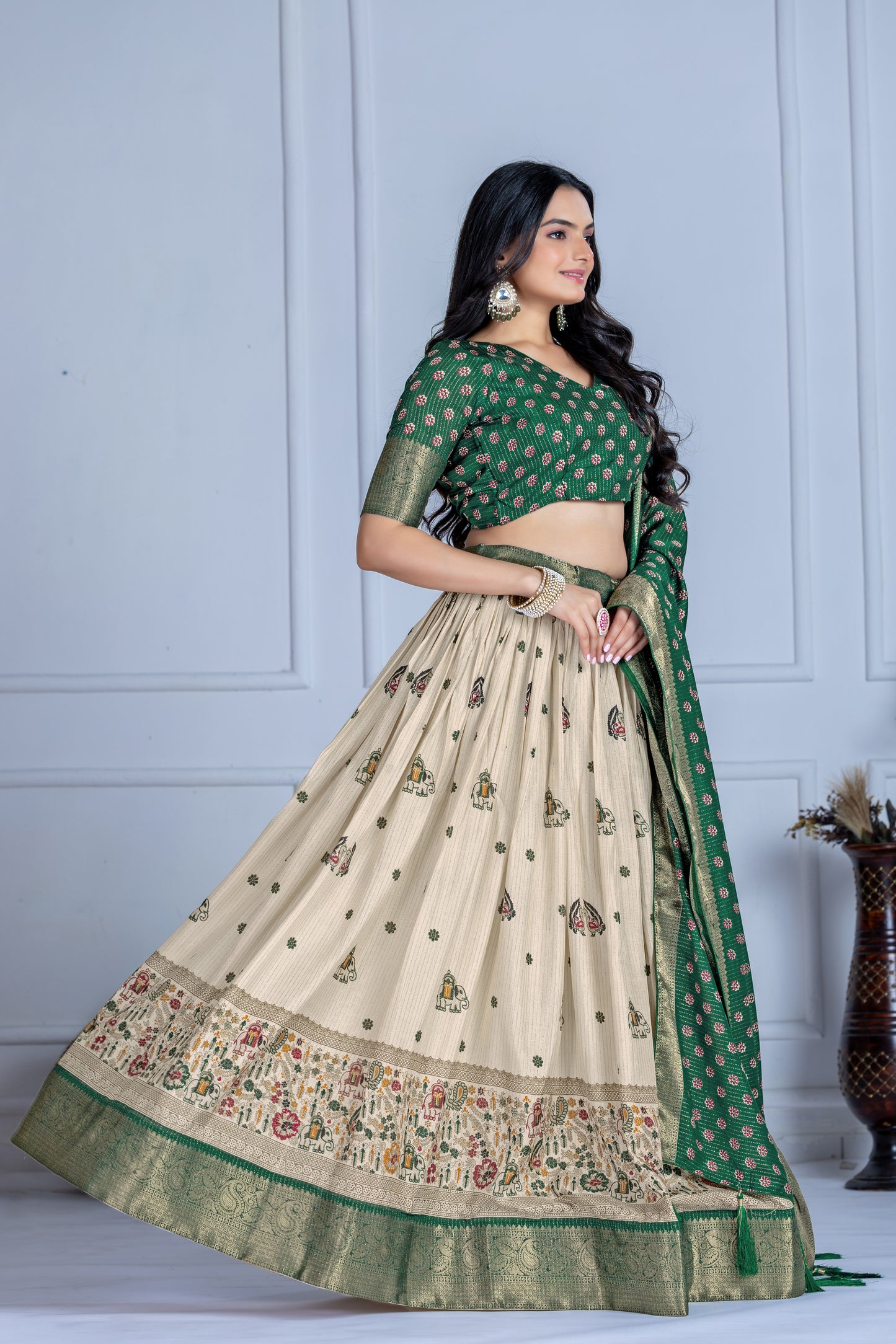 Embroidered Jacquard Lehenga Set With Dupatta