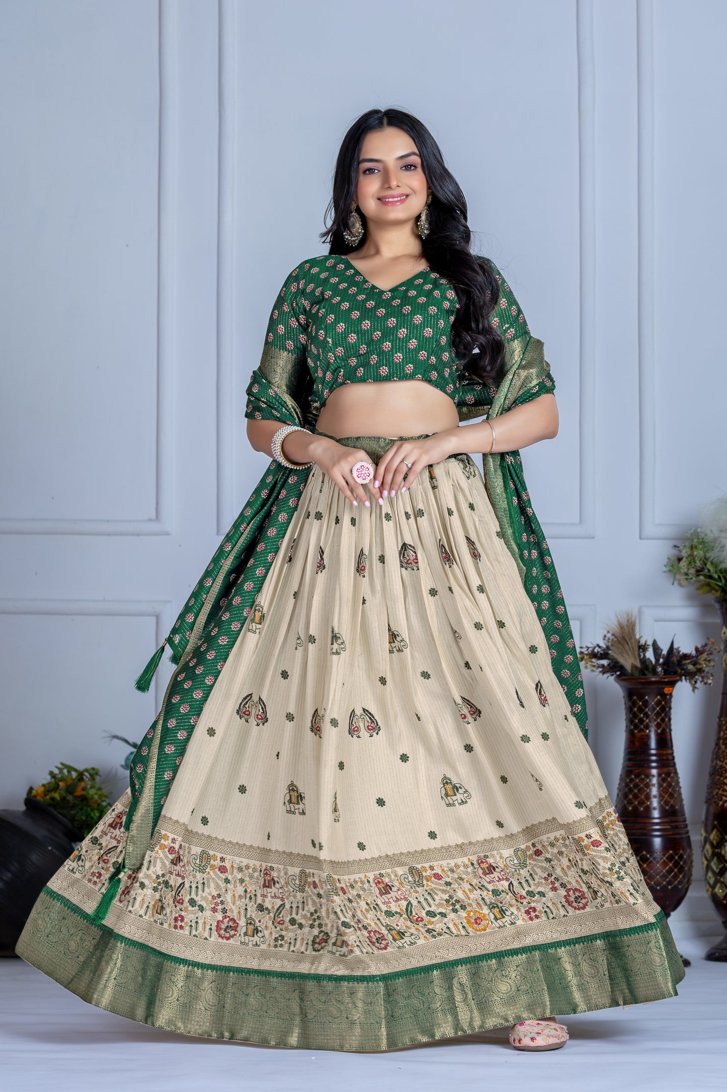 Embroidered Jacquard Lehenga Set With Dupatta