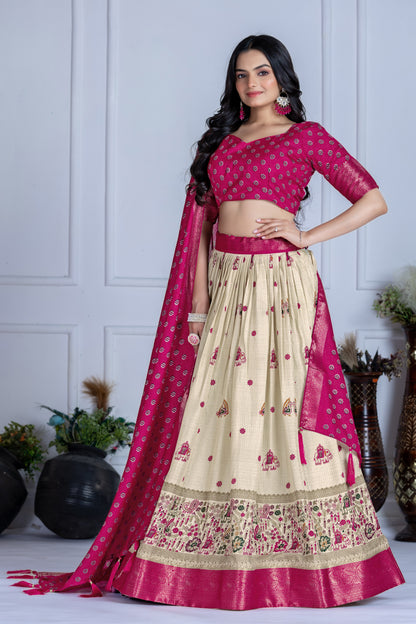 Embroidered Jacquard Lehenga Set With Dupatta
