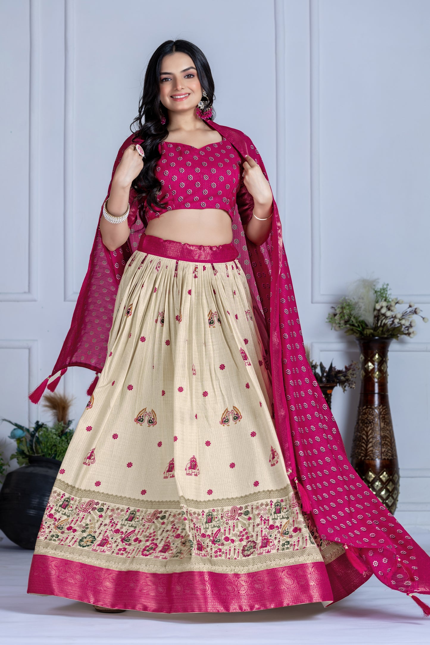 Embroidered Jacquard Lehenga Set With Dupatta