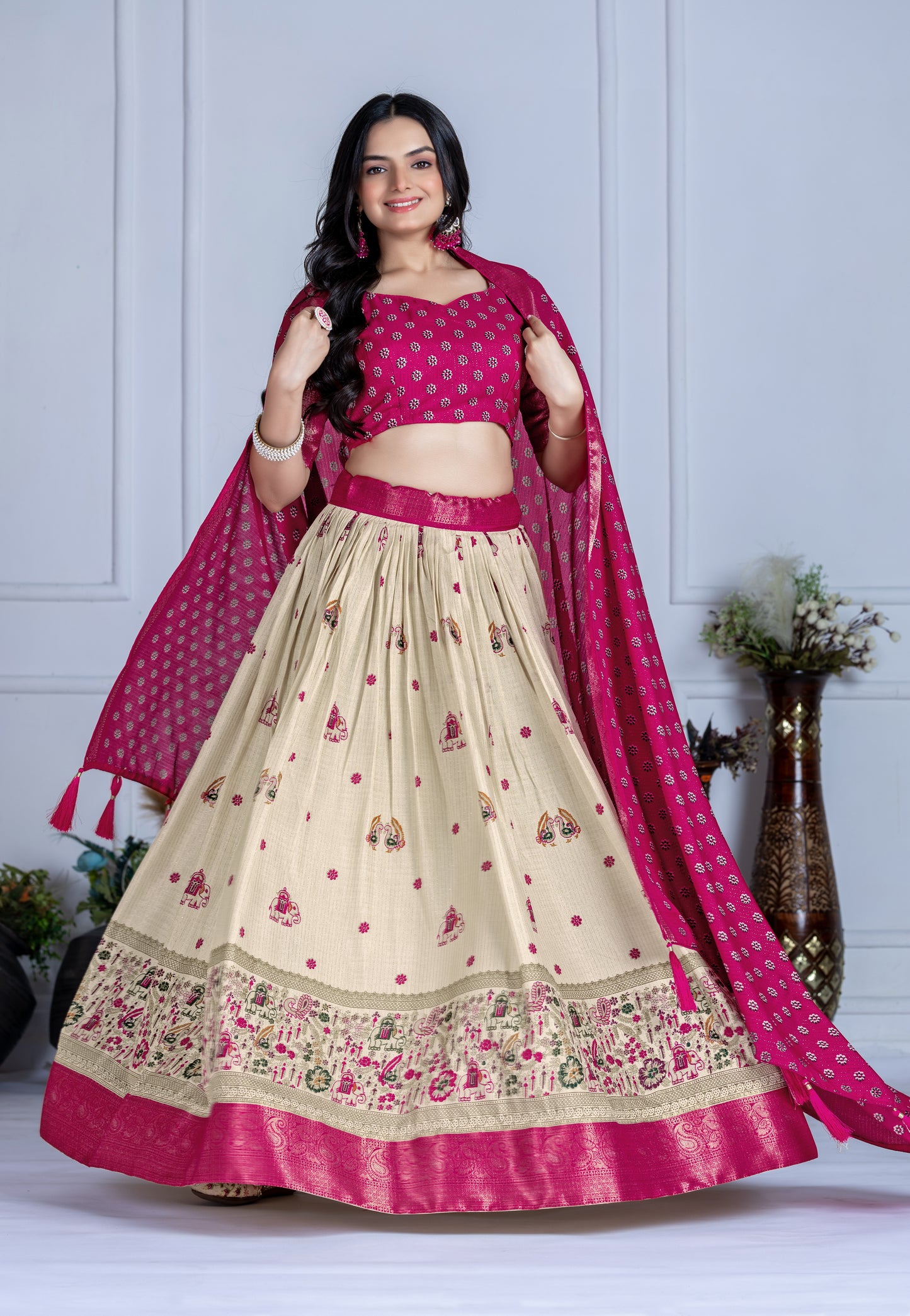 Embroidered Jacquard Lehenga Set With Dupatta
