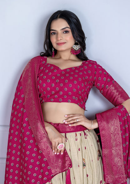 Embroidered Jacquard Lehenga Set With Dupatta