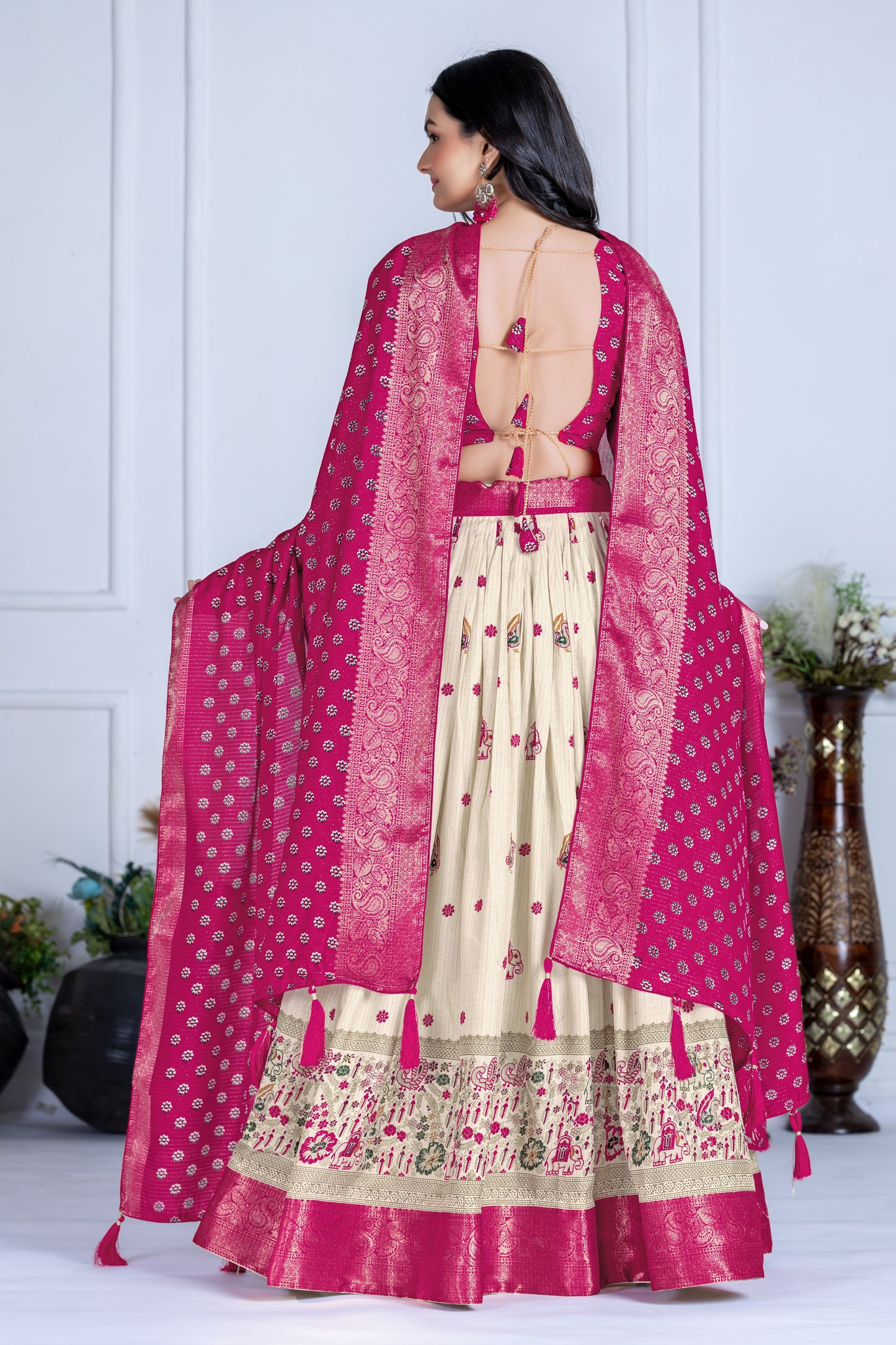Embroidered Jacquard Lehenga Set With Dupatta