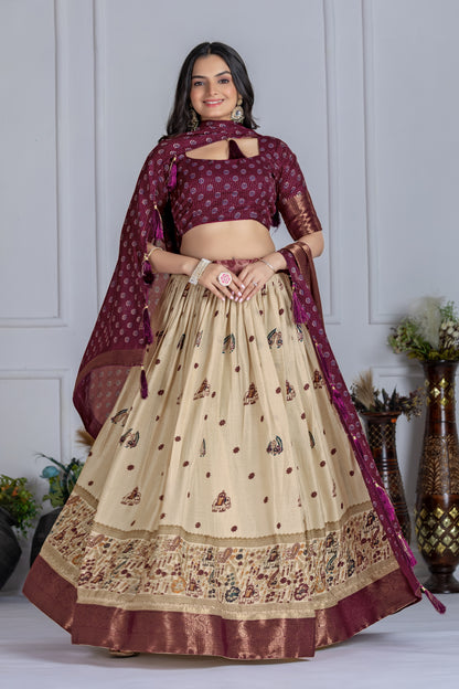 Embroidered Jacquard Lehenga Set With Dupatta