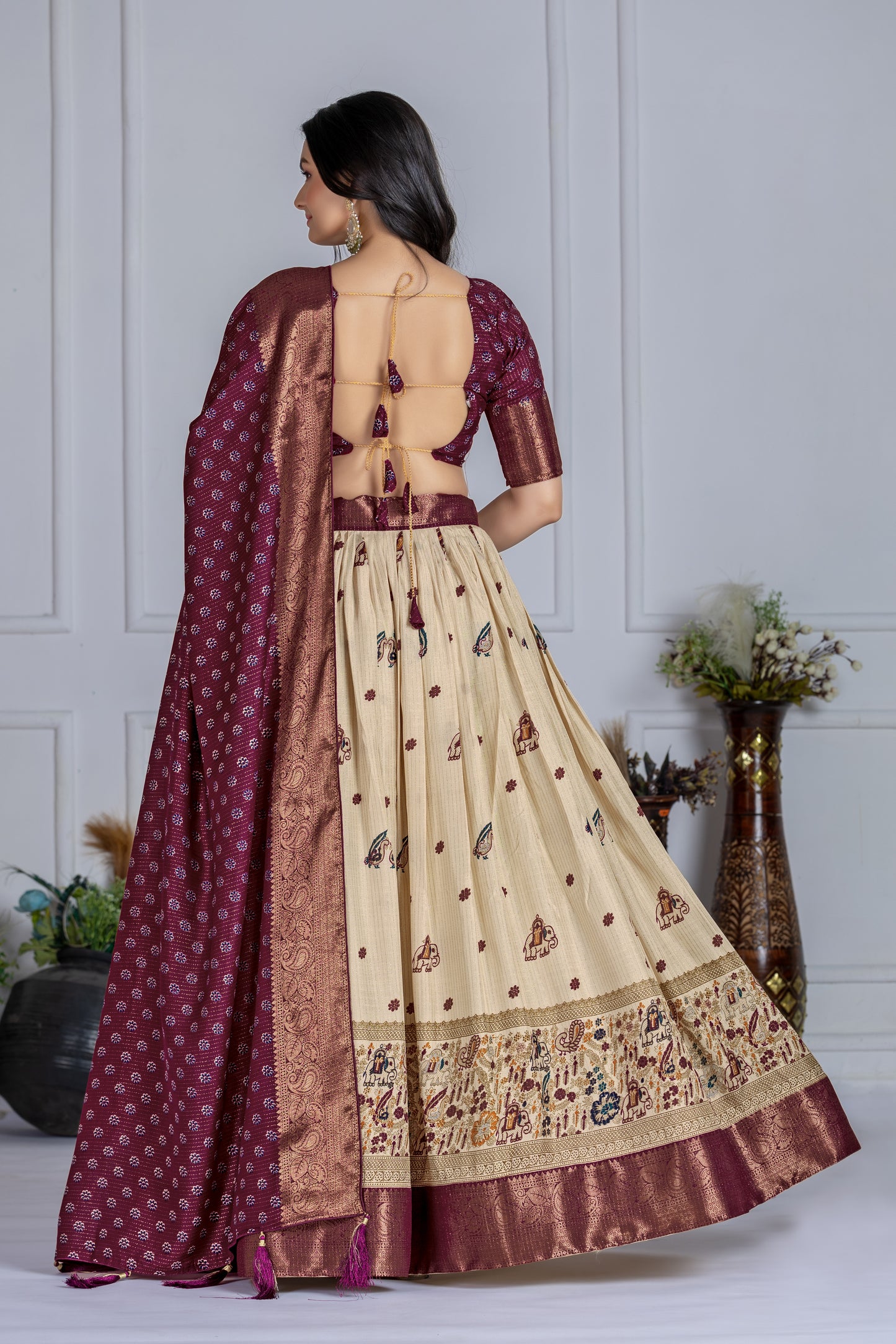 Embroidered Jacquard Lehenga Set With Dupatta