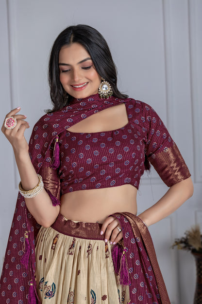 Embroidered Jacquard Lehenga Set With Dupatta
