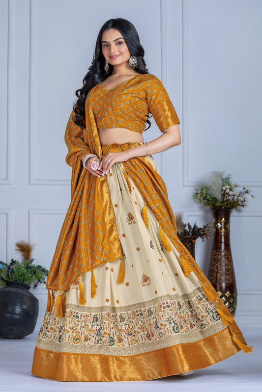 Embroidered Jacquard Lehenga Set With Dupatta