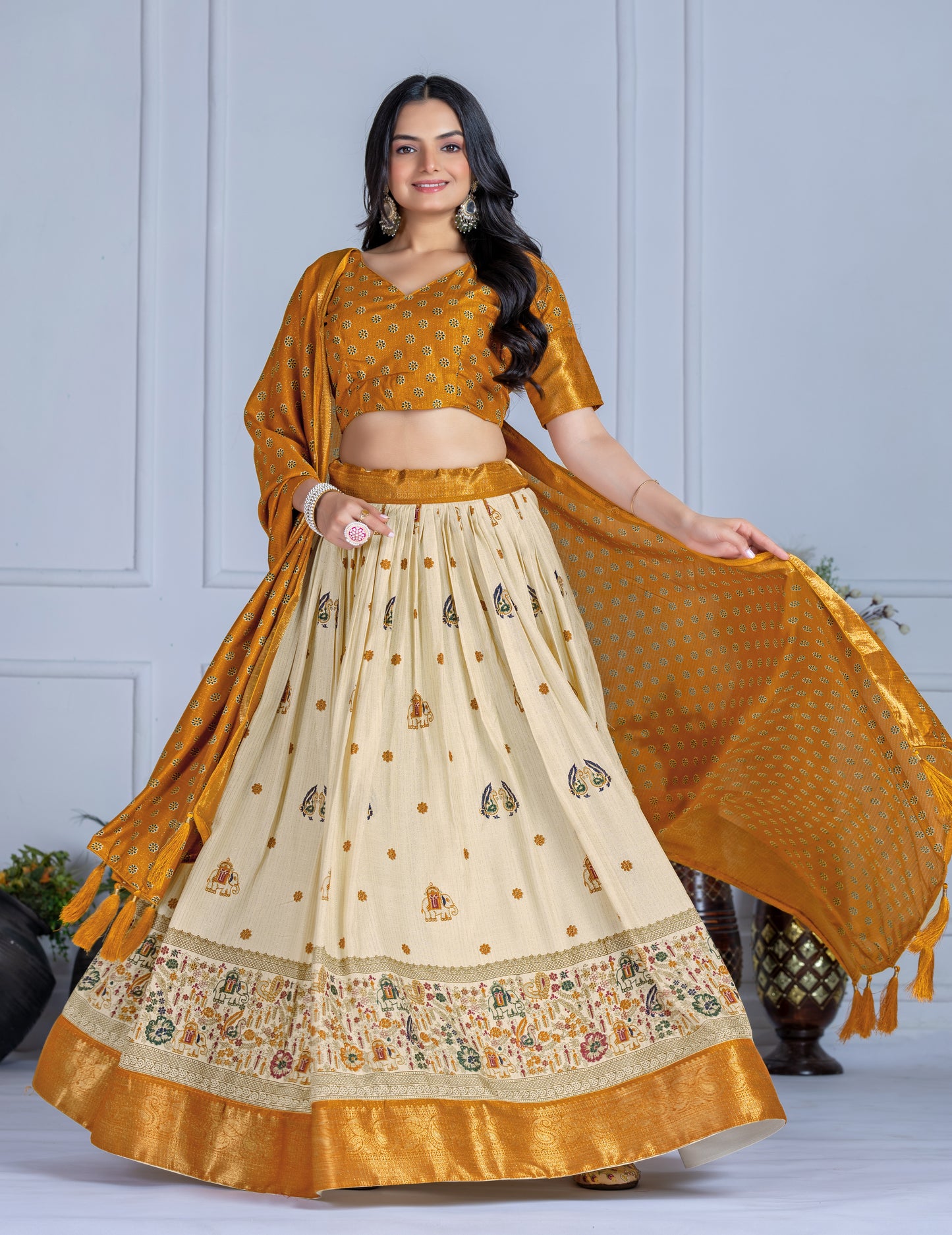 Embroidered Jacquard Lehenga Set With Dupatta