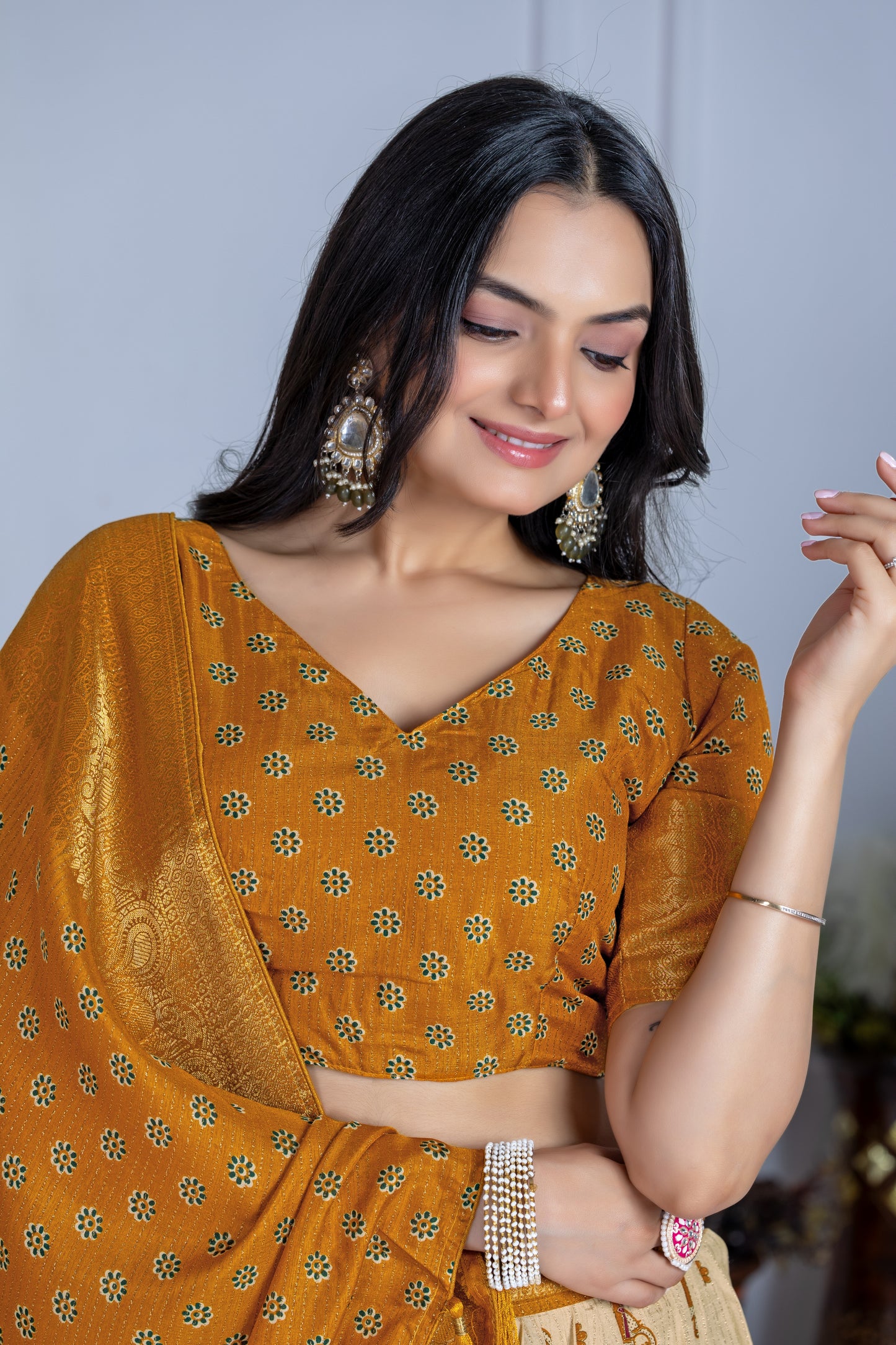 Embroidered Jacquard Lehenga Set With Dupatta