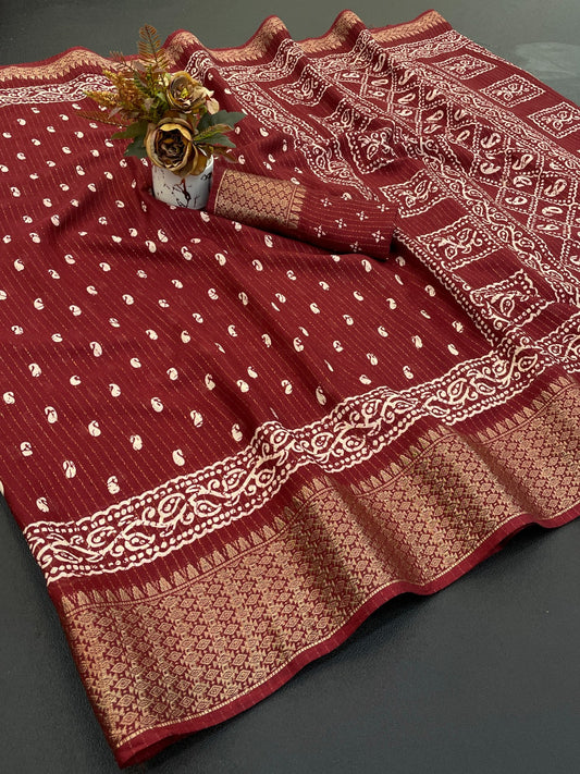 Dola Silk Jaquard Border Printed Saree With Blouse
