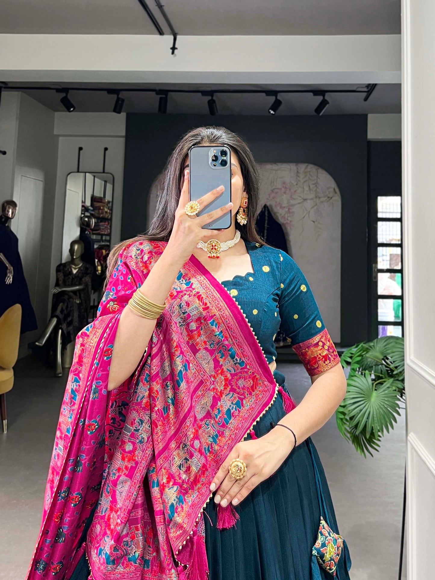 Peacock Blue Color Tussar Silk Foil Printed Chaniya Choli