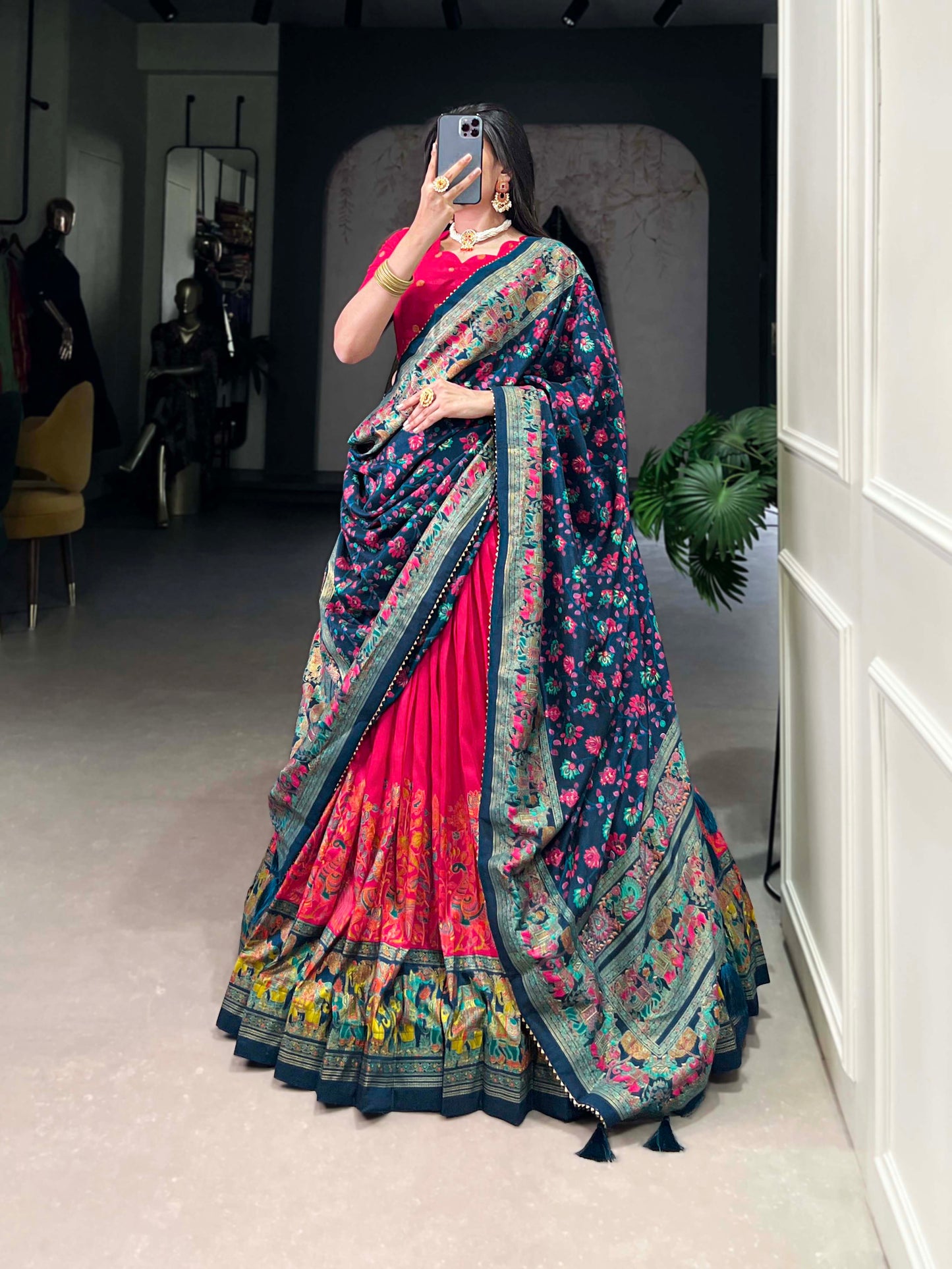 Peacock Blue Color Tussar Silk Foil Printed Chaniya Choli