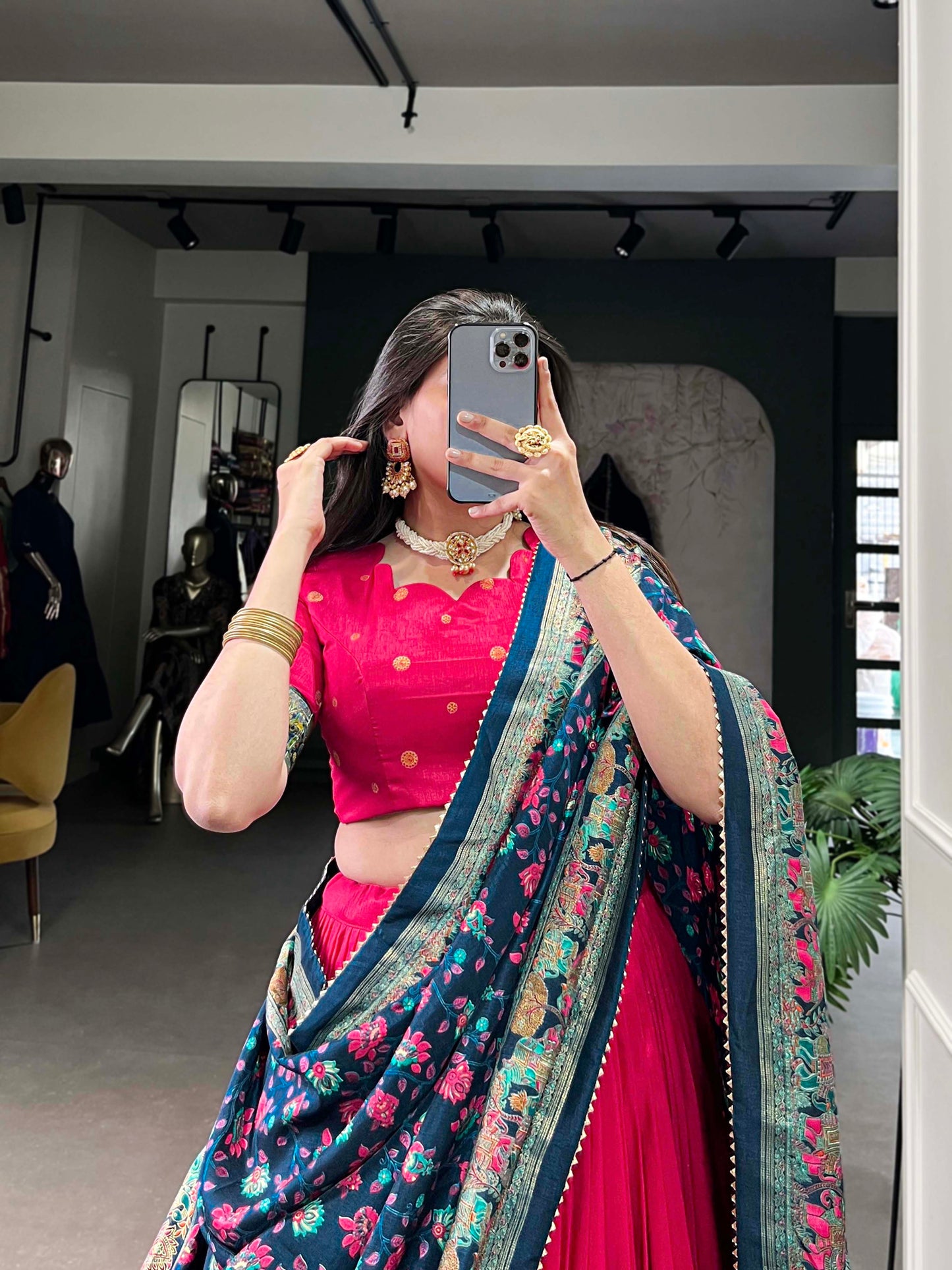 Peacock Blue Color Tussar Silk Foil Printed Chaniya Choli