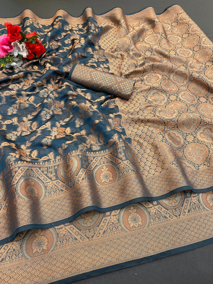 Organza banarasi kanjivaram look designer silk rich pallu saree