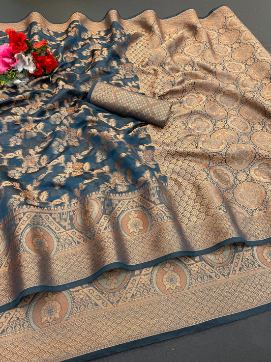 Organza banarasi kanjivaram look designer silk rich pallu saree