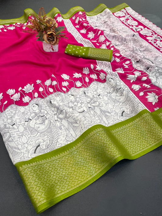 Royal Dola Silk Kalamkari Saree with Heavy Jacquard Border – Premium Ethnic Wear!