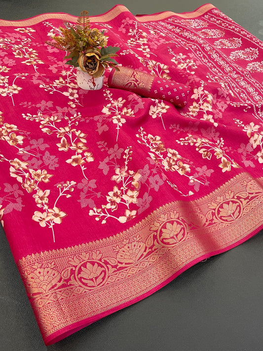 A beautiful dola silk saree with flowers print and weaving border saree